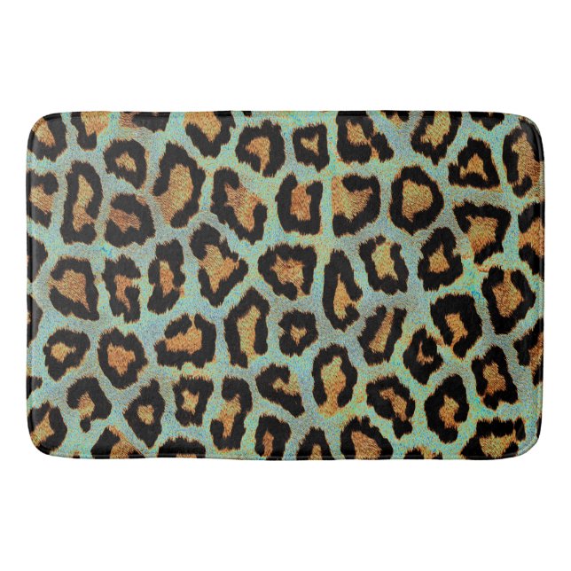 Teal leopard chic animal print bath mat (Front)