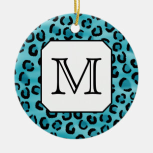 Teal Leopard Print, Custom Monogram. Ceramic Tree Decoration