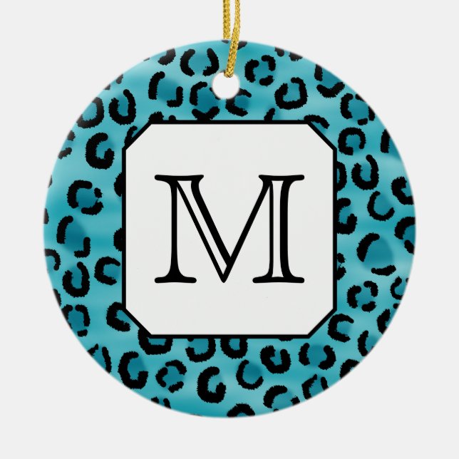 Teal Leopard Print, Custom Monogram. Ceramic Tree Decoration (Front)
