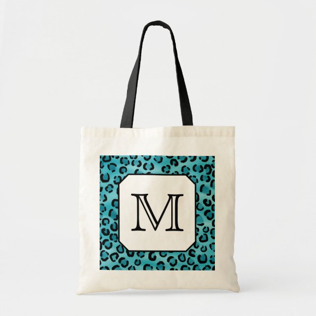 Teal Leopard Print, Custom Monogram. Tote Bag (Front)