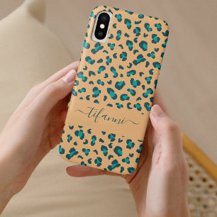 Teal Leopard Print Tan Editable Name iPhone X Case
