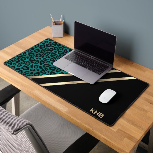 Teal Leopard with Gold & Black - Monogram Desk Mat (Office 2)