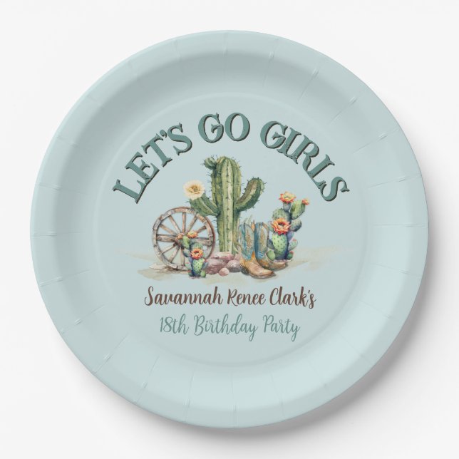 Teal Lets Go Girls Cowgirl Theme Birthday Party Paper Plate (Front)