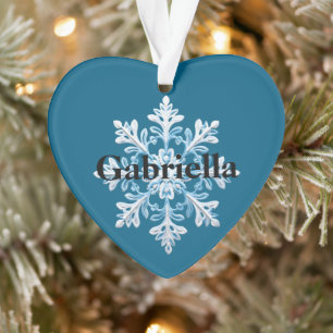 Teal Light Blue White Snowflake Christmas Name Ornament