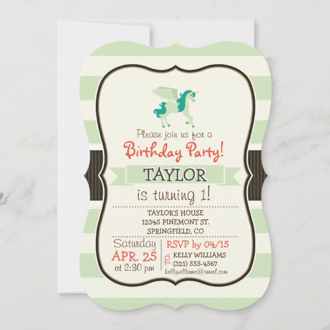 Teal & Light Green Unicorn Invitation (Front)