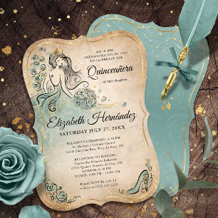 Teal Light Sage Seafoam Gold Princess Birthday Invitation