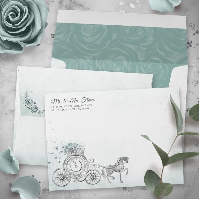 Teal Light Sage Seafoam Princess Return Address Envelope (Elegant horse drawn carriage princess envelopes perfect for your fairy tale invitations.)