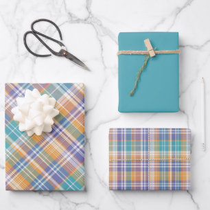 Teal, Lilac, Apricot & White Plaid Wrapping Paper Sheet
