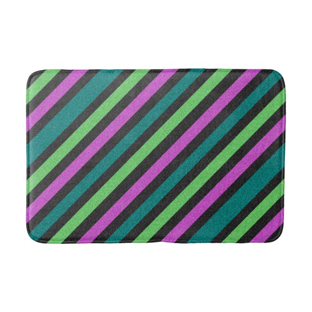 Teal, Lime Green, Hot Pink Glitter Striped STaylor Bath Mat (Front)