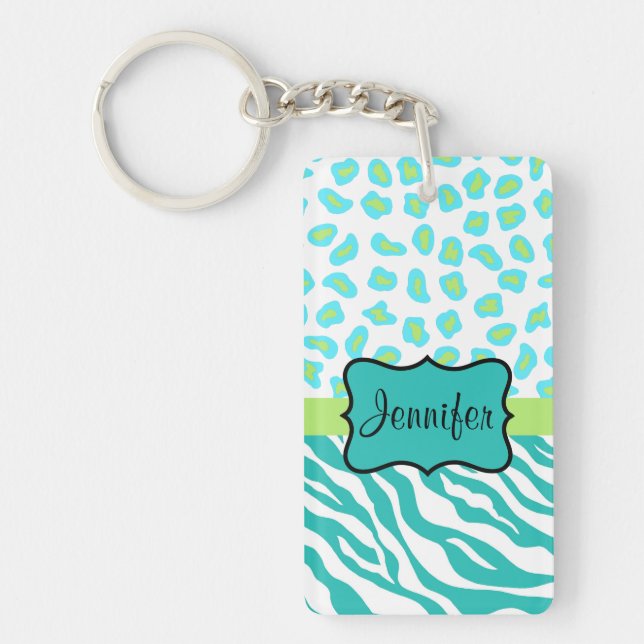 Teal Lime Green & White Zebra & Cheetah Skin Key Ring (Front)