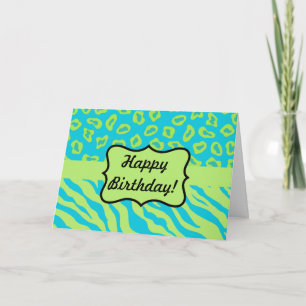 Teal & Lime Green Zebra & Cheetah Personalised Card