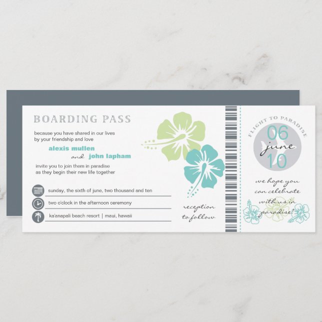Teal & Lime Hibiscus Flower Boarding Pass Wedding Invitation (Front/Back)