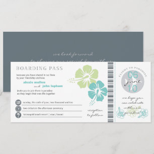 Teal & Lime Hibiscus Flower Boarding Pass Wedding Invitation