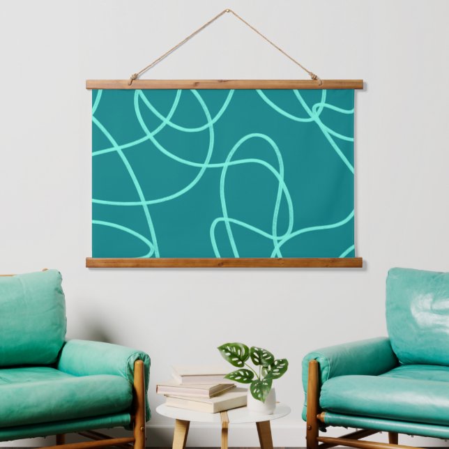 Teal Line Art  Hanging Tapestry (Living Room)