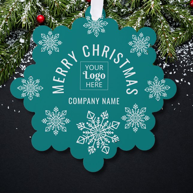 Teal Logo Company Name Snowflake Merry Christmas Tree Decoration Card (Creator Uploaded)