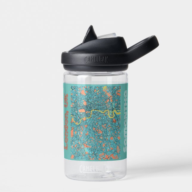Teal London England UK City Map Custom Name Water Bottle (Left)