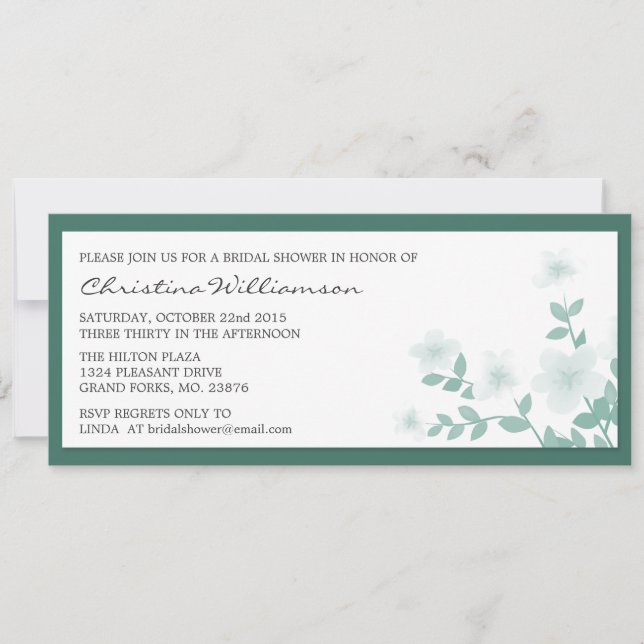 Teal Long Floral Bridal Shower Invitations (Front)