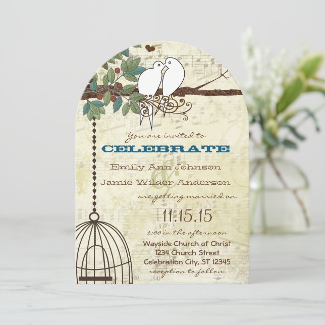 Teal Love Bird Doves Sitting In a Tree Wedding  Invitation (Standing Front)