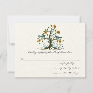 Teal Love Birds Coral Blooming Tree Wedding RSVP