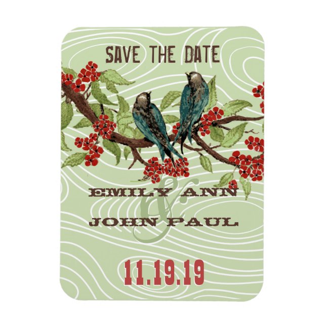 Teal Love Birds RED Cherry Blossoms Magnet (Vertical)