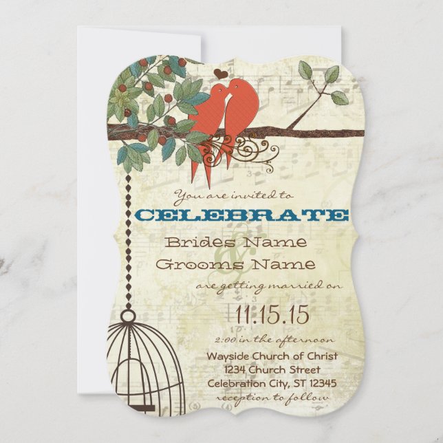 Teal Love Birds Sitting In a Tree Wedding Invite (Front)