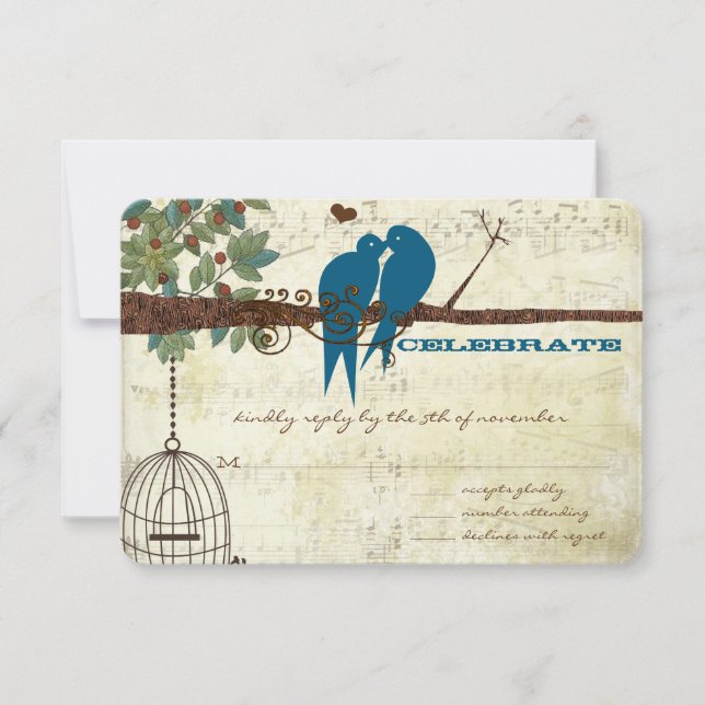 Teal Love Birds Sitting In a Tree Wedding RSVP (Front)