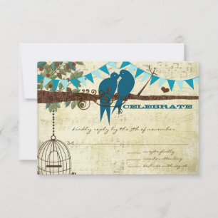 Teal Love Birds Sitting In a Tree Wedding RSVP Card