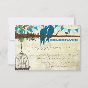 Teal Love Birds Sitting In a Tree Wedding RSVP Card