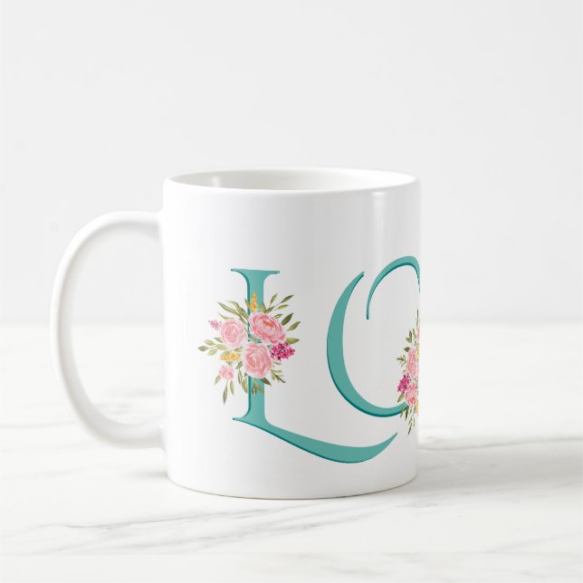 Teal LOVE, blush pink roses Valentines Day Coffee Mug (Left)