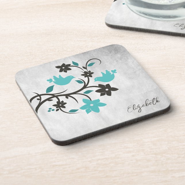 Teal Lovebirds Beverage Coaster (Left Side)
