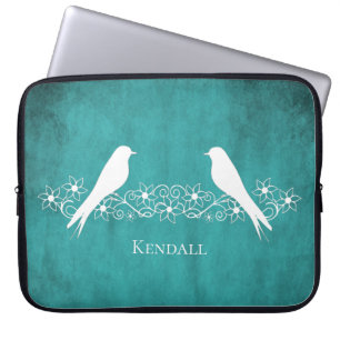 Teal Lovebirds Floral Vine Laptop Sleeve