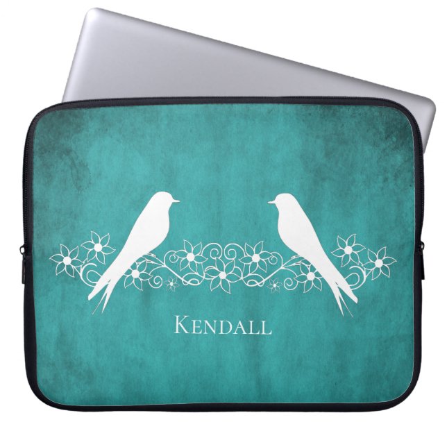 Teal Lovebirds Floral Vine Laptop Sleeve (Front)