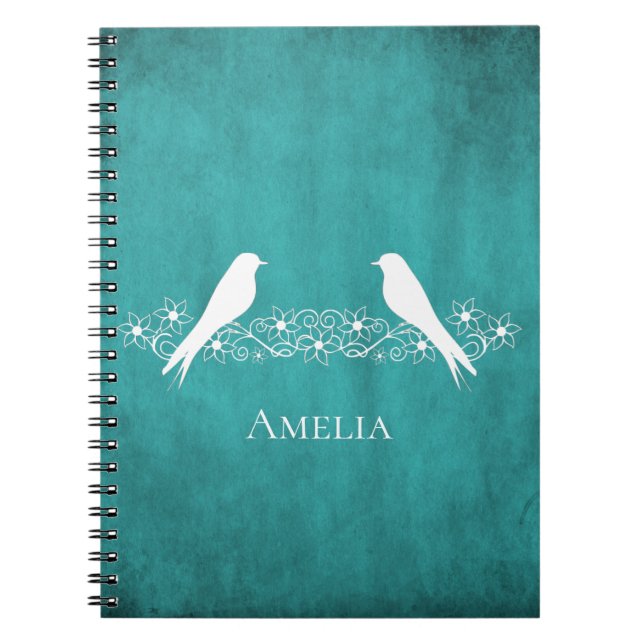 Teal Lovebirds Floral Vine Notebook (Front)