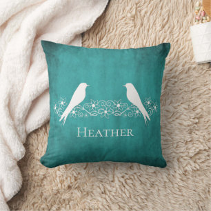 Teal Lovebirds Floral Vine Throw Pillow