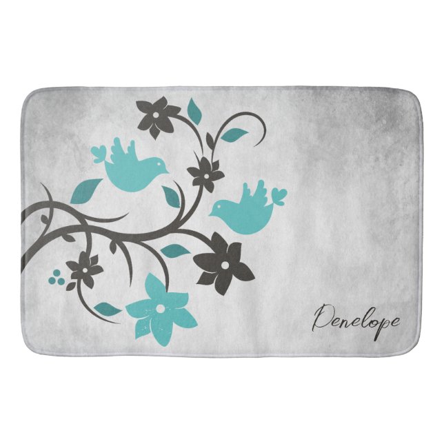 Teal Lovebirds Personalised Bath Mat (Front)