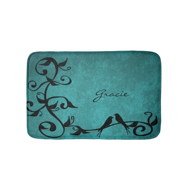 Teal Lovebirds Personalised Bath Mat (Front)