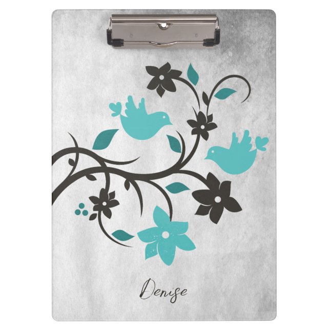Teal Lovebirds Personalised Clipboard (Front)
