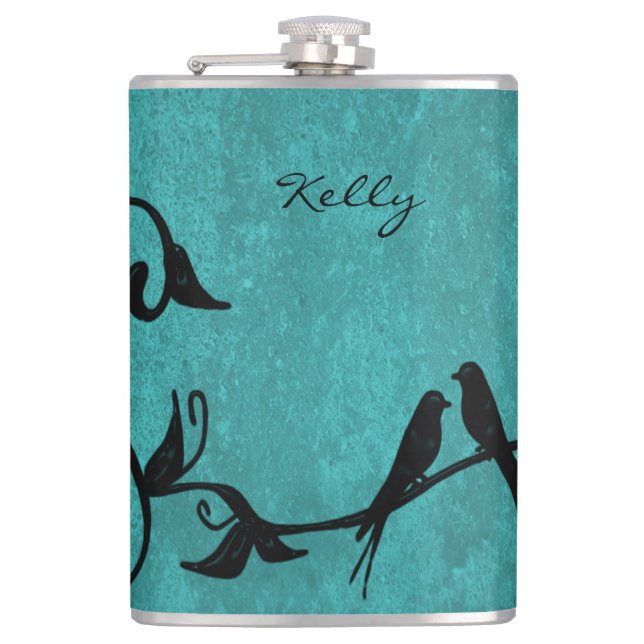 Teal Lovebirds Personalised Flask (Front)