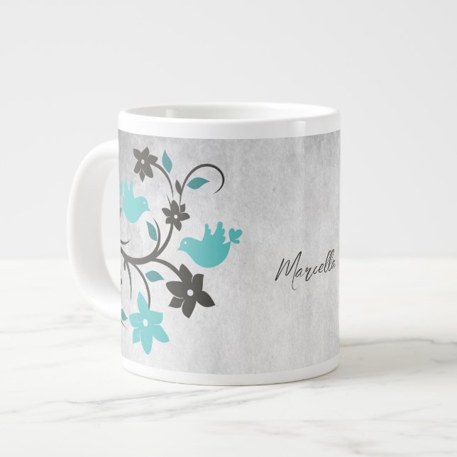 Teal Lovebirds Personalised Giant Coffee Mug (Front Left)