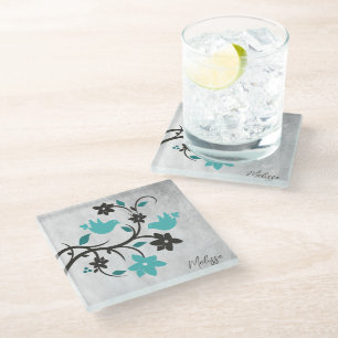 Teal Lovebirds Personalised Glass Coaster