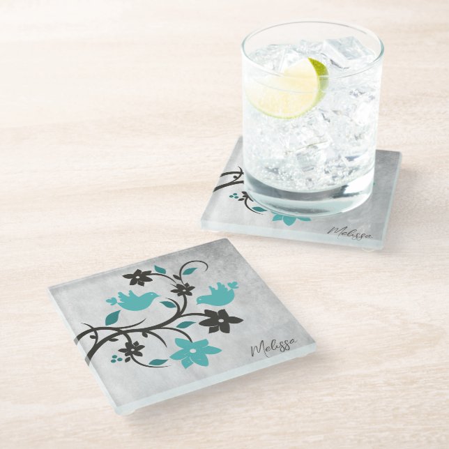 Teal Lovebirds Personalised Glass Coaster (Angled)