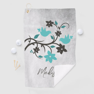 Teal Lovebirds Personalised Golf Towel