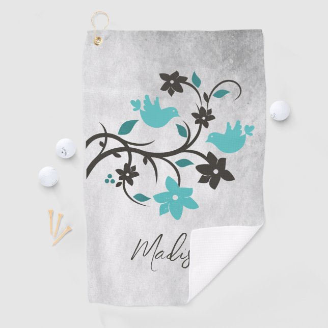 Teal Lovebirds Personalised Golf Towel (InSitu)