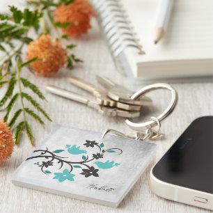 Teal Lovebirds Personalised Keychain