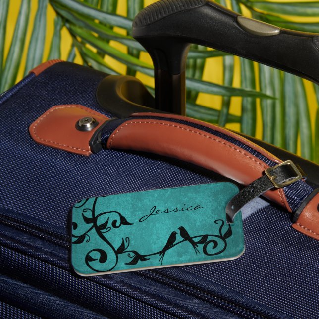 Teal Lovebirds Personalised Luggage Tag (Front Insitu 3)