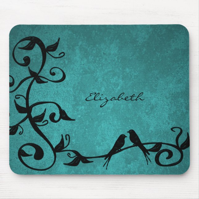Teal Lovebirds Personalised Mouse Pad (Front)