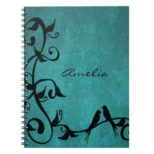 Teal Lovebirds Personalised Notebook (Front)
