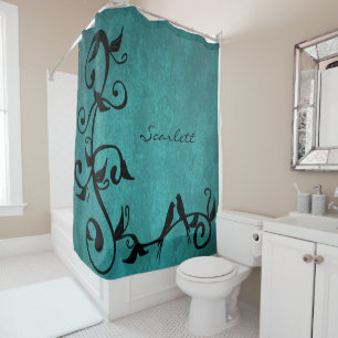 Teal Lovebirds Personalised Shower Curtain