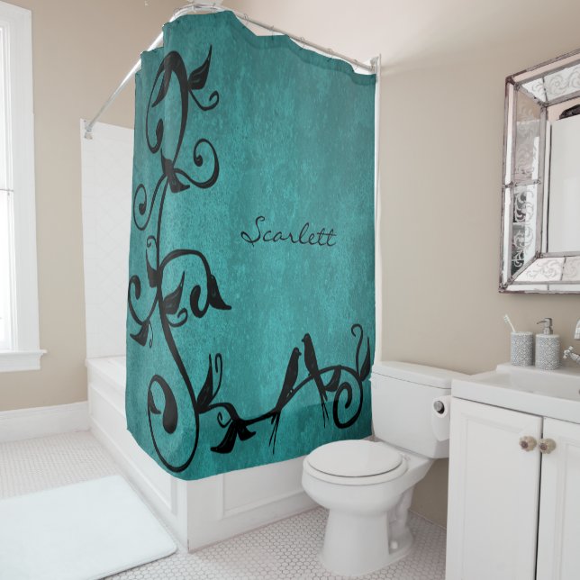 Teal Lovebirds Personalised Shower Curtain (In Situ)