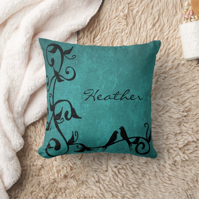 Teal Lovebirds Personalised Throw Pillow (Blanket)